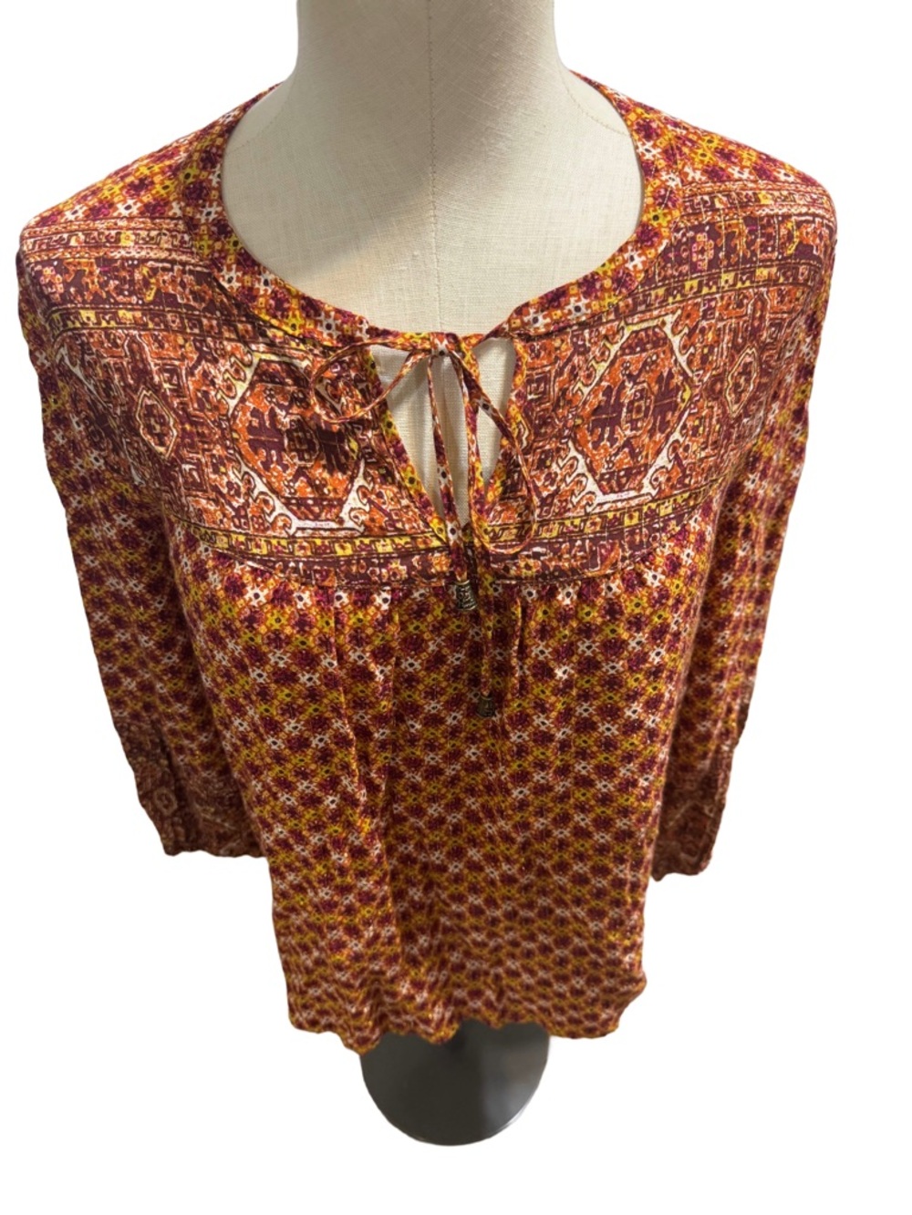 Jane & Delancey Boho Tie-Neck Peasant Blouse - Rust Yellow Maroon Size M